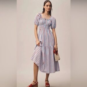 Elegant Asymmetrical Striped Dress in Blue and Red